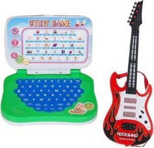 Kmc kidoz combo of Mini English Learning Laptop with Rockband Guitar With Light And Sound toy