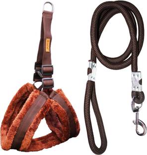 Petshop7 Petshop7 Premium Quality Fur Padded Nylon Dog Harness & Leash Rope 1 inch - (Chest Size Adjustable - 25-30 inch) Dog Harness & Leash (Medium, Brown) Dog Harness & Leash