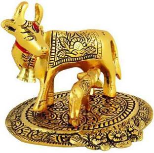 shiv mart Prosper Kamdhenu Oxidised Gold Finished Brass polish Cow and Calf Figurine Decorative Gift Item Decorative Showpiece  -  14 cm