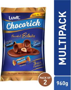 LuvIt Chocorich Assorted Eclairs - Hazelnut, Dark Choco & Classic, 60 pieces, 480g - Pack of 2 Bars
