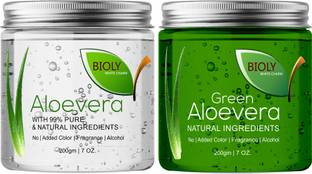 Bioly Organic Crystal Clear Aloe Vera Gel & Green Aloe Vera Gel Great for Face, Hair, Sunburn Relief, Acne, Razor Bumps, Dry Skin Hydration (Pack of 2)