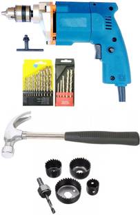 Inditrust •	350W Heavy Duty 10mm Electric drill Machine with 13pc hss 5pc masonry 1pc hand hammer and 6pc hole saw set Power & Hand Tool Kit