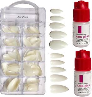 AuraSkin Imported Best Quality Artificial Nail Finger Empress Almond shape 100 Tips Fake Nails white