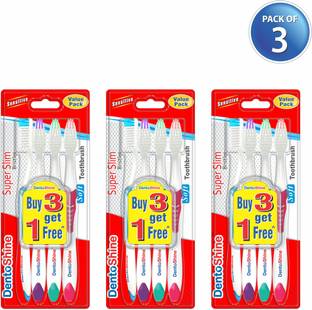 Dentoshine Super Slim Soft Toothbrush (Pink, Blue, Purple, Green, Value Pack x 3) Soft Toothbrush