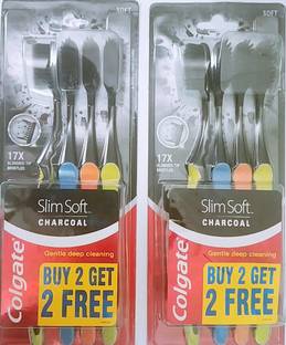 Colgate Slim Soft Charcoal Toothbrush (Buy 2 Get 2 Free) - 4 Pcs (Pack of 2) Soft Toothbrush