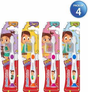 Dentoshine STiCKY Toothbrush for Kids (Ages 2+) - Pack of 4 Designs Soft Toothbrush