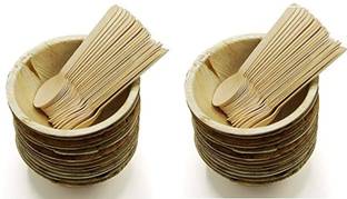 ShikharRetails Wooden Decorative Bowl Eco - Friendly Disposable Round Areca Palm Leaf Bowls And Disposable Wooden Spoon Disposable