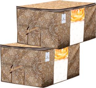 Billion Designer Metalic Printed 2 Piece Non Woven Underbed Storage Bag,Storage Organiser,Blanket Cover with Transparent Window ,Extra Large, Beige BILLION034472