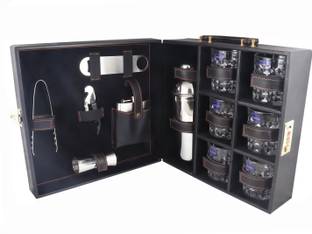 Chiefly vegan Leathers 6 Glasses Black Bar Set |Premium Bar Set Bottle Opener with Bottle Handy Portable Leatherette Bar Set for car | Whiskey Glasses Black AIBLP001 1 - Piece Bar Set