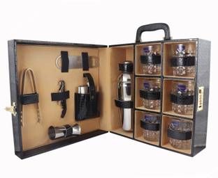 Chiefly vegan Leathers 6 Glasses Black Bar Set |Premium Bar Set Bottle Opener with Bottle Handy Portable Leatherette Bar Set for car | Whiskey Glasses Black AIBLC004 1 - Piece Bar Set