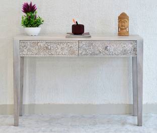 SamDecors Solid Wood Two Drawer Evan Carving Console Hall Table White Solid Wood Console Table