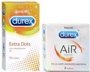 DUREX Extra Dots Dotted 10s + AiR Ultra Thin 3s (10s + 3s = 13 Condoms) Value Passion Raja Combo Condom