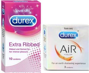 DUREX Extra Ribbed Dotted & Ribbed 10s + AiR Ultra Thin 3s (10s + 3s = 13 Condoms) Value Passion Raja Combo Condom