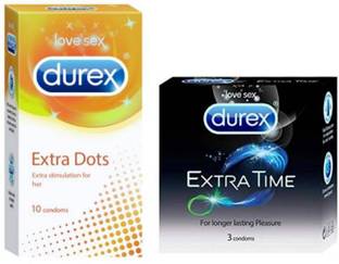 DUREX Extra Dots Dotted 10s + Extra Time Climax Delay 3s (10s + 3s = 13 Condoms) Value Passion Raja Combo Condom