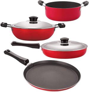 NIRLON Non-Stick Dishwasher Safe Flat Base Kitchenware Combo Offer with Lid Non-Stick Coated Cookware Set