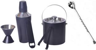 Dynore Stainless Steel 6 Pcs Black Bar Set Small- Cocktail Shaker 500ml, Ice Bucket 1000 ml, Peg Measure 30/60 ml, Bottle Opener, Bar Spoon, Ice Tong 6 - Piece Bar Set