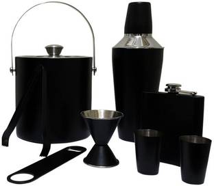 Dynore Stainless Steel 8 Pcs Black Bar Set Small- Cocktail Shaker 500 ml, Ice Bucket 1000 ml, Hip Flask 7 oz, Shot Glass 50 ml, Bottle Opener, Ice Tong, Peg Measure, 8 - Piece Bar Set