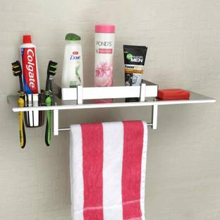 CSI INTERNATIONAL 4 in 1 Multipurpose Bathroom Shelf – Liquid Dispenser - Tumbler Holder – Toothbrush Holder – Towel Holder - Hanger - Towel Rod Bathroom Accessories (18 x 5 Inches) स्टेनलेस स्टील वॉल शेल्फ