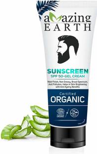 Amazing Earth Sunscreen - SPF 50 Sunscreen SPF 50 Gel Cream - Certified Organic, Matt Finish, Skin Brightening, Anti-Aging, No Parabens, Vegan & Cruelty Free - 100gm