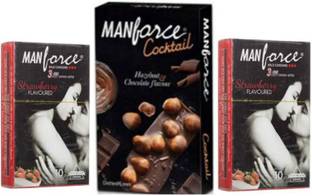 MANFORCE Strawberry 10s x2 + Cocktail Chocolate-Hazelnut 10s (10 x 3 = 30 Condoms) Passion Raja Value Combo Pack Condom