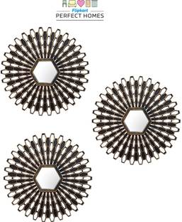 Flipkart Perfect Homes Stylish Round Floral Pattern Framed Wall Decor For Bedroom (10x10 Inch) Black Decorative Mirror