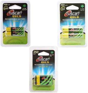 TUSCan GOLD 1 Pack (2Pcs) AA 1600mAh (Pencil Batteries)& 1 Pack (2pcs) AAA 1100mAh Batteries & 1pc 9v 250mAh Rechargeable battery, COMBO PACK Rechargeable Ni-MH Battery