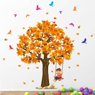StickMe Kids and Tree - Birds - Autumn - Decorative - Creative - Colorful - Wall Sticker-SM748-A