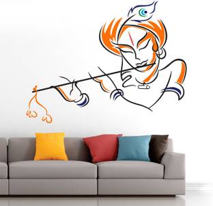 StickMe Lord Krishna - Playing - Flute Orange Saffron Wall Sticker -SM588-A