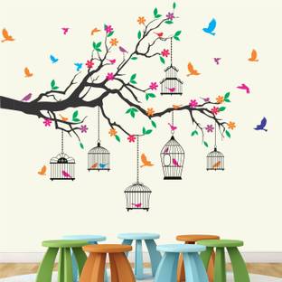 StickMe Nature Tree - Colorful - Birds - Cage - Wall Sticker -SM584-A
