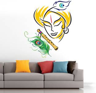 StickMe Lord Krishna - Playing Flute - Peacock - Feather - Wall Sticker -SM564-A