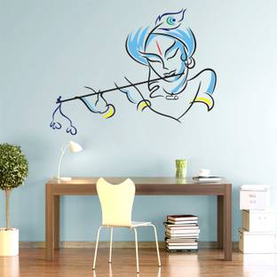 StickMe Lord Krishna - Playing - Flute - Blue - Wall Sticker -SM563-A
