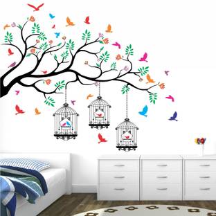 StickMe Nature Tree - Colorful - Birds - Cage - Wall Sticker -SM620-A