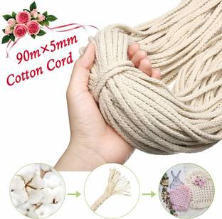HappyCraft 5mm 98YD 8 Strands Twisted Macrame Cord, Natural Cotton Rope, Craft Knitting Braid Thread for Wall Background Hanging Decor, Plant Hanger String, Garden Flower Pot Holder (Beige)