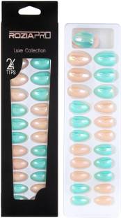 ROZIA Artificial Nails Gorgeous Blue Mirror Fake Nails Oval Metallic Quality Glamour Nail Art Designed Tips with Glue Multicolor