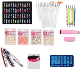 Xeekart 48 Pcs Glass Bottles Glitter Stones 10 Nail Tapes Nail Brush Dotting Pen Tipping Guide Nail Stamp Nail Plate 4 Nail Sticker