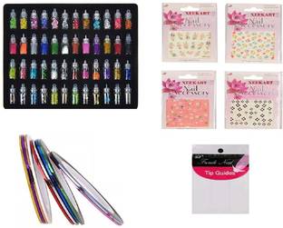 Xeekart 48 Pcs Glass Bottles Glitter Stones 10 Nail Tapes 4 Sticker Tipping Guide