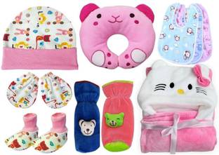 BRANDONN Combo Of new born baby blanket , pillow , bibs , bottle cover , cap , mitten and socks