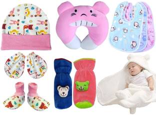 BRANDONN Combo Of new born baby blanket , pillow , bibs , bottle cover , cap , mitten and socks