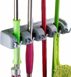 DREHOTRY 4 Slot Position Wall Mounted Mop and Broom Holder with 5 Hooks Plastic Wet and Dry Broom