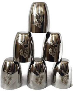ZIGLY (Pack of 6) Y Stainless Steel Glass Set, Set of 6, Silver 250 Ml Glass Set Water/Juice Glass