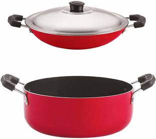 NIRLON Non-Stick Aluminium Cookware Set, 2-Pieces, Red Non-Stick Coated Cookware Set