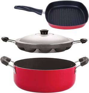 NIRLON Non-Stick Odor Free 3 Piece Gas Compatible Cookware Combo Set Offer with Bakelite Handle, Red and Black Color Non-Stick Coated Cookware Set