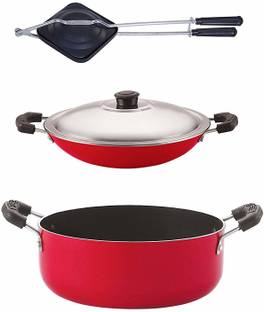 NIRLON Aluminium Cookware Set, 3-Pieces, Red/Black Non-Stick Coated Cookware Set