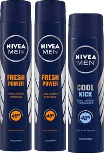 Nivea Men MEN Deodorant, Fresh Power, 200ml & MEN Deodorant, Cool Kick, 150ml (Pack of 3) Body Spray  -  For Men