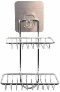 RACKZON SHOP Wall Mounted Double Layer soap Dish Holder Stainless Steel Wall Hanging Soap Storage Rack for Kitchen Bathroom-with Self Adhesive Magic Sticker (Silver)