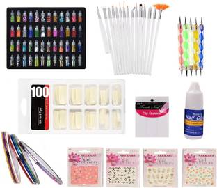 Xeekart 48 Glass Bottles Glitter Stones 10 Nail Tapes 100 Nails Brush Dotting Pen Tipping Guide with Glue Nail Stickers