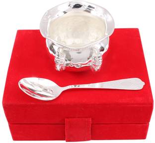 Delhi Gift House Set of 1,Silver Plated M design Bowl with 1 Spoon Bowl, Spoon Serving Set (Pack of 2) Bowl, Spoon Serving Set
