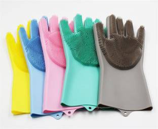 NEERAK Silicon Hand Gloves for Kitchen Dishwashing and Pet Grooming Assorted Color Grooming Gloves for Dog