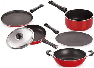 NIRLON Non-Stick Classic Range Kitchen PFOA Cookware Utensil Combo Set, Red & Black Non-Stick Coated Cookware Set