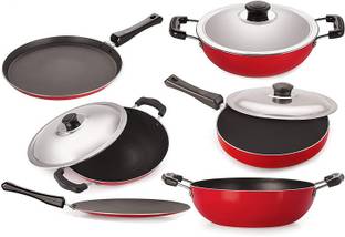 NIRLON Non-Stick Cookware Kitchen Utensil Combo Set, Red & Black Non-Stick Coated Cookware Set